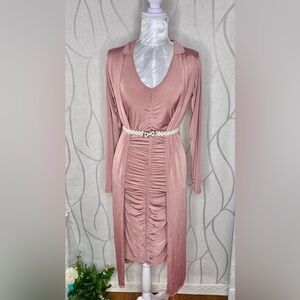 🌷 Boohoo 🌷 2 Pc Set Dusty Pink Shirred Midi Dress & Matching Duster